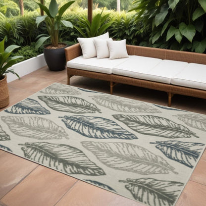7' X 9' Beige Floral Stain Resistant Indoor Outdoor Area Rug