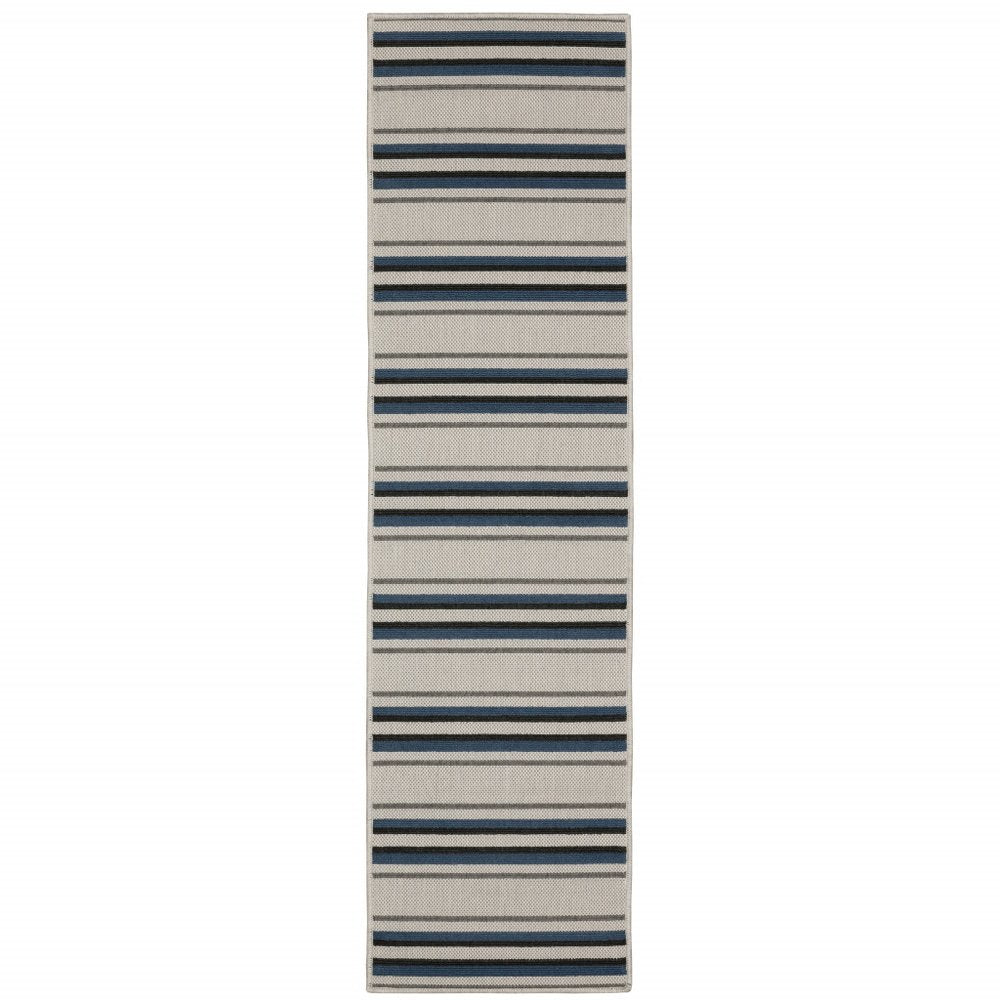 2' X 7' Blue and Beige Geometric Stain Resistant Indoor Outdoor Area Rug