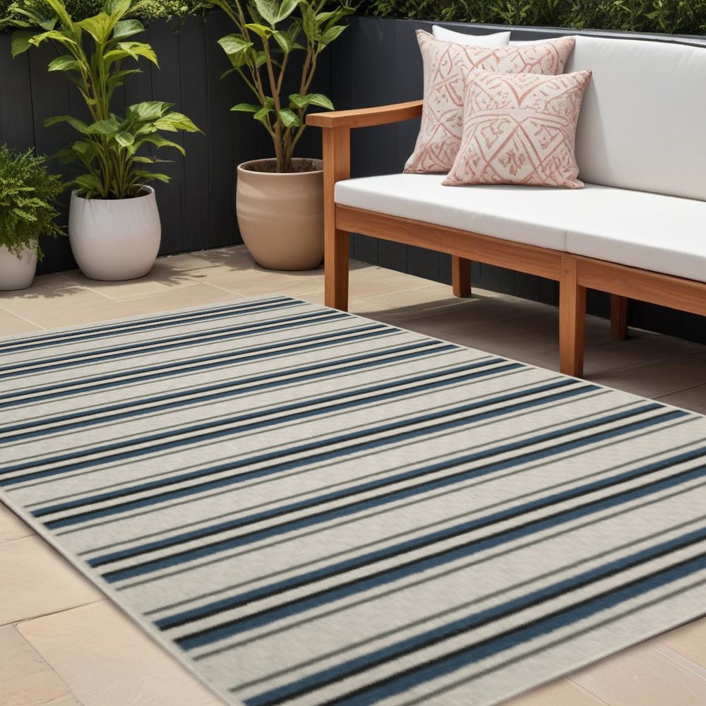 7' X 9' Blue and Beige Geometric Stain Resistant Indoor Outdoor Area Rug