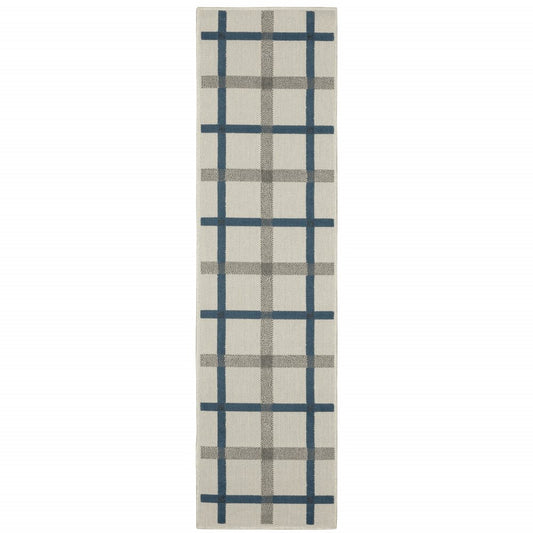 2' X 7' Blue and Beige Geometric Stain Resistant Indoor Outdoor Area Rug