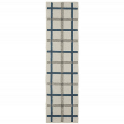 2' X 7' Blue and Beige Geometric Stain Resistant Indoor Outdoor Area Rug