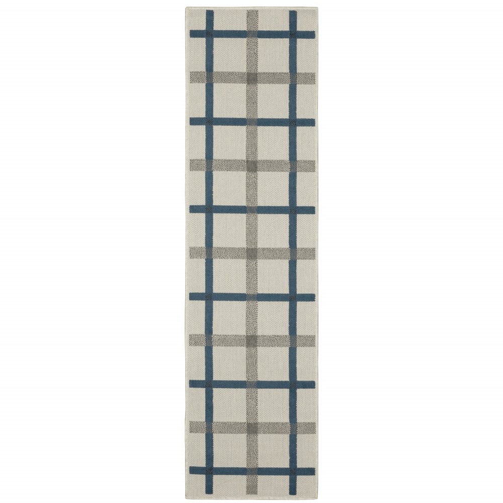 2' X 7' Blue and Beige Geometric Stain Resistant Indoor Outdoor Area Rug