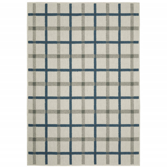 3' X 5' Blue and Beige Geometric Stain Resistant Indoor Outdoor Area Rug