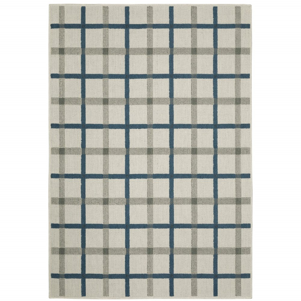 3' X 5' Blue and Beige Geometric Stain Resistant Indoor Outdoor Area Rug