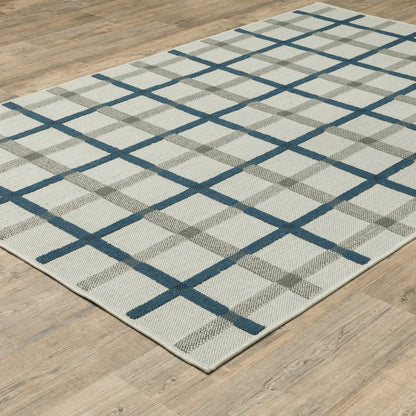 3' X 5' Blue and Beige Geometric Stain Resistant Indoor Outdoor Area Rug