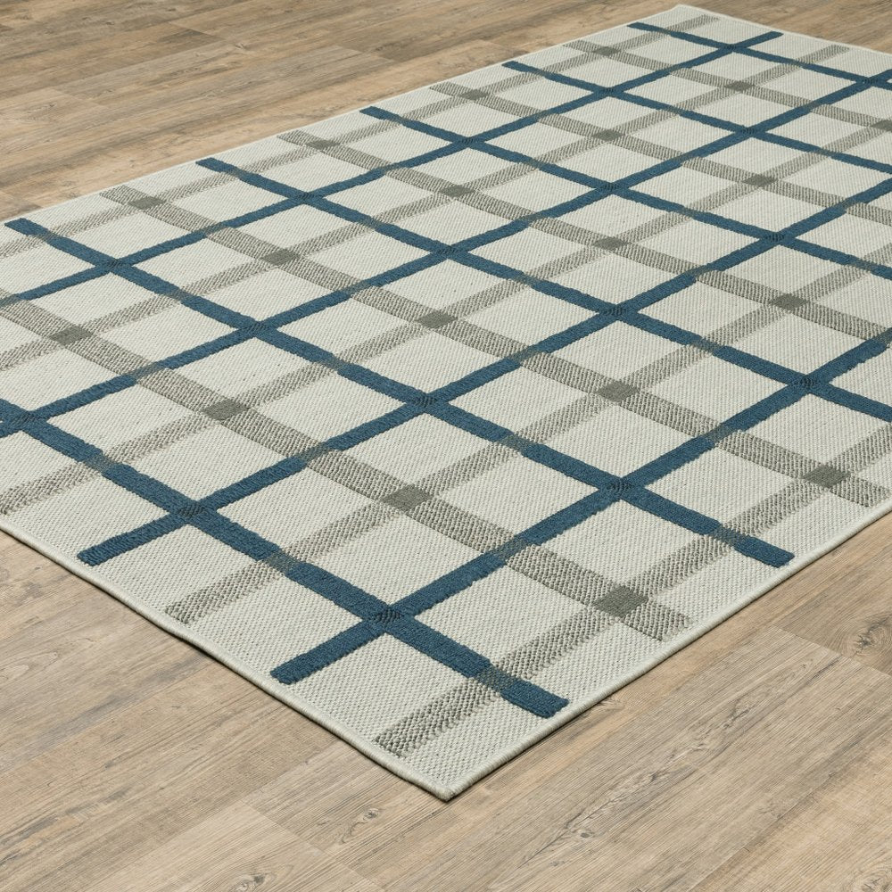 3' X 5' Blue and Beige Geometric Stain Resistant Indoor Outdoor Area Rug