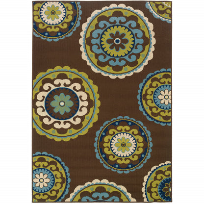 2' X 4' Brown and White Floral Medallion Stain Resistant Indoor Outdoor Area Rug