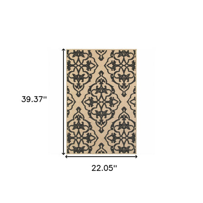 2' X 3' Beige and Black Oriental Stain Resistant Indoor Outdoor Area Rug