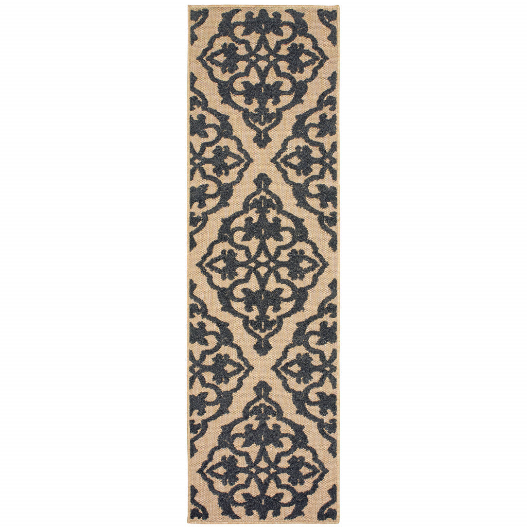 2' X 8' Beige and Black Oriental Stain Resistant Indoor Outdoor Area Rug