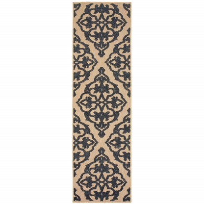 2' X 8' Beige and Black Oriental Stain Resistant Indoor Outdoor Area Rug