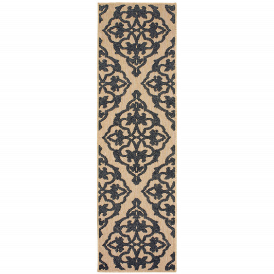 2' X 8' Beige and Black Oriental Stain Resistant Indoor Outdoor Area Rug