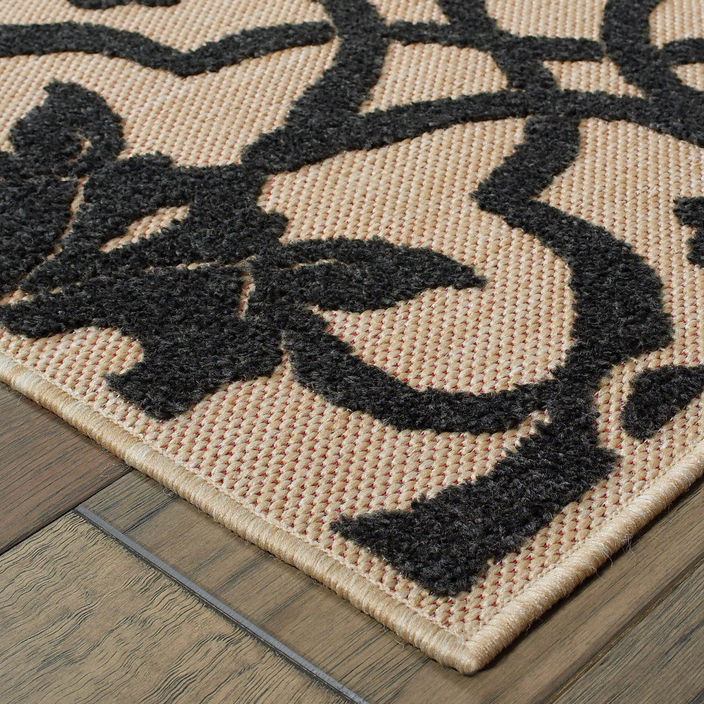 2' X 8' Beige and Black Oriental Stain Resistant Indoor Outdoor Area Rug