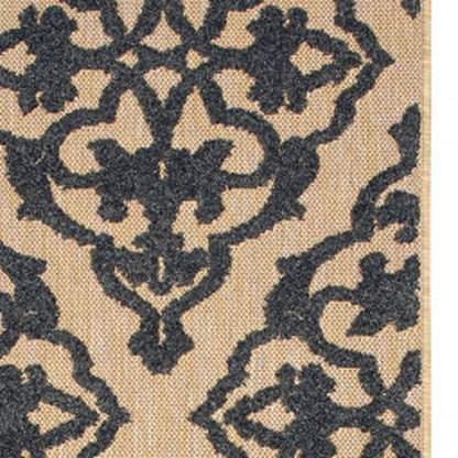 2' X 8' Beige and Black Oriental Stain Resistant Indoor Outdoor Area Rug