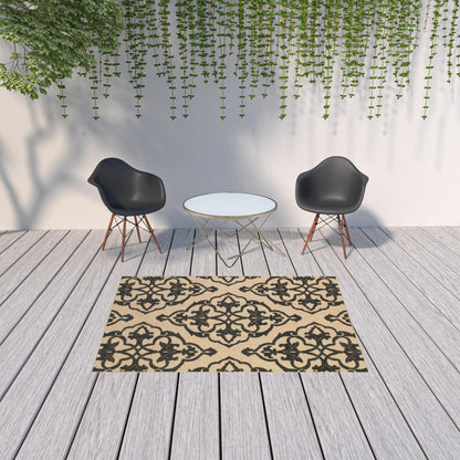 5' X 8' Beige and Black Medallion Stain Resistant Indoor Outdoor Area Rug