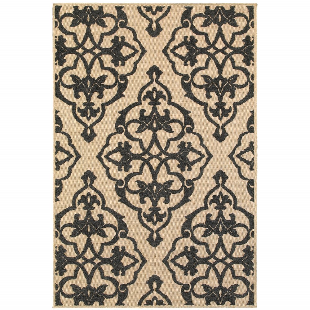 7' X 10' Beige and Black Oriental Stain Resistant Indoor Outdoor Area Rug