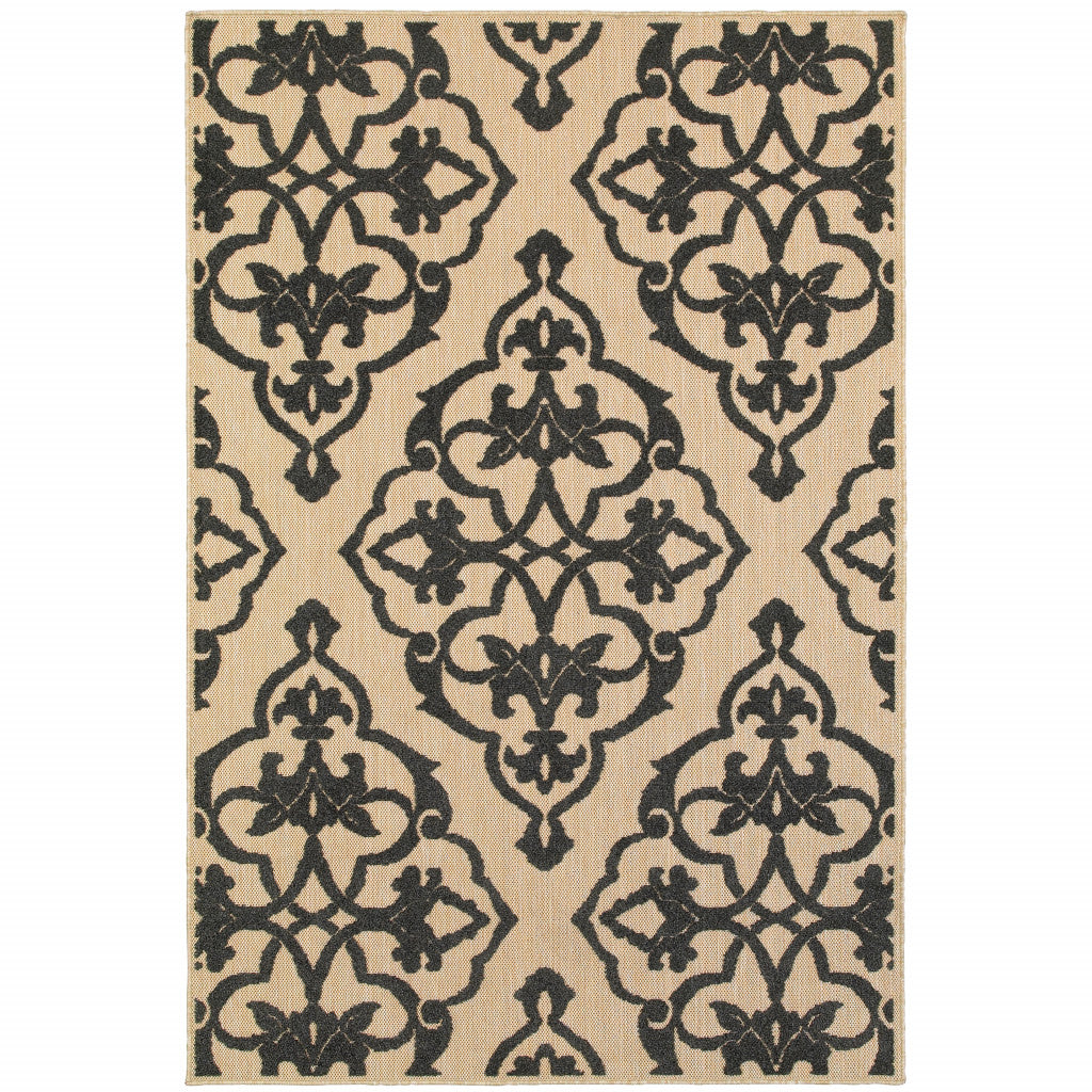 7' X 10' Beige and Black Oriental Stain Resistant Indoor Outdoor Area Rug