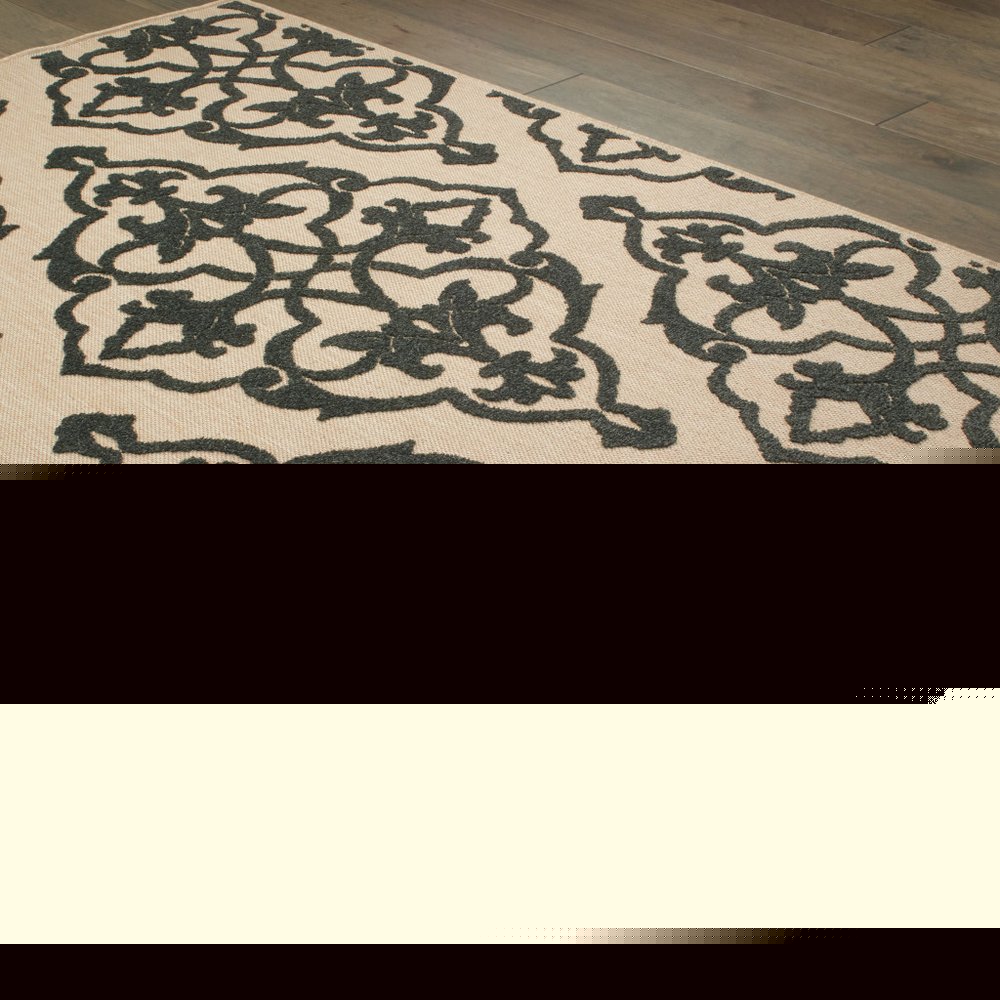 7' X 10' Beige and Black Oriental Stain Resistant Indoor Outdoor Area Rug