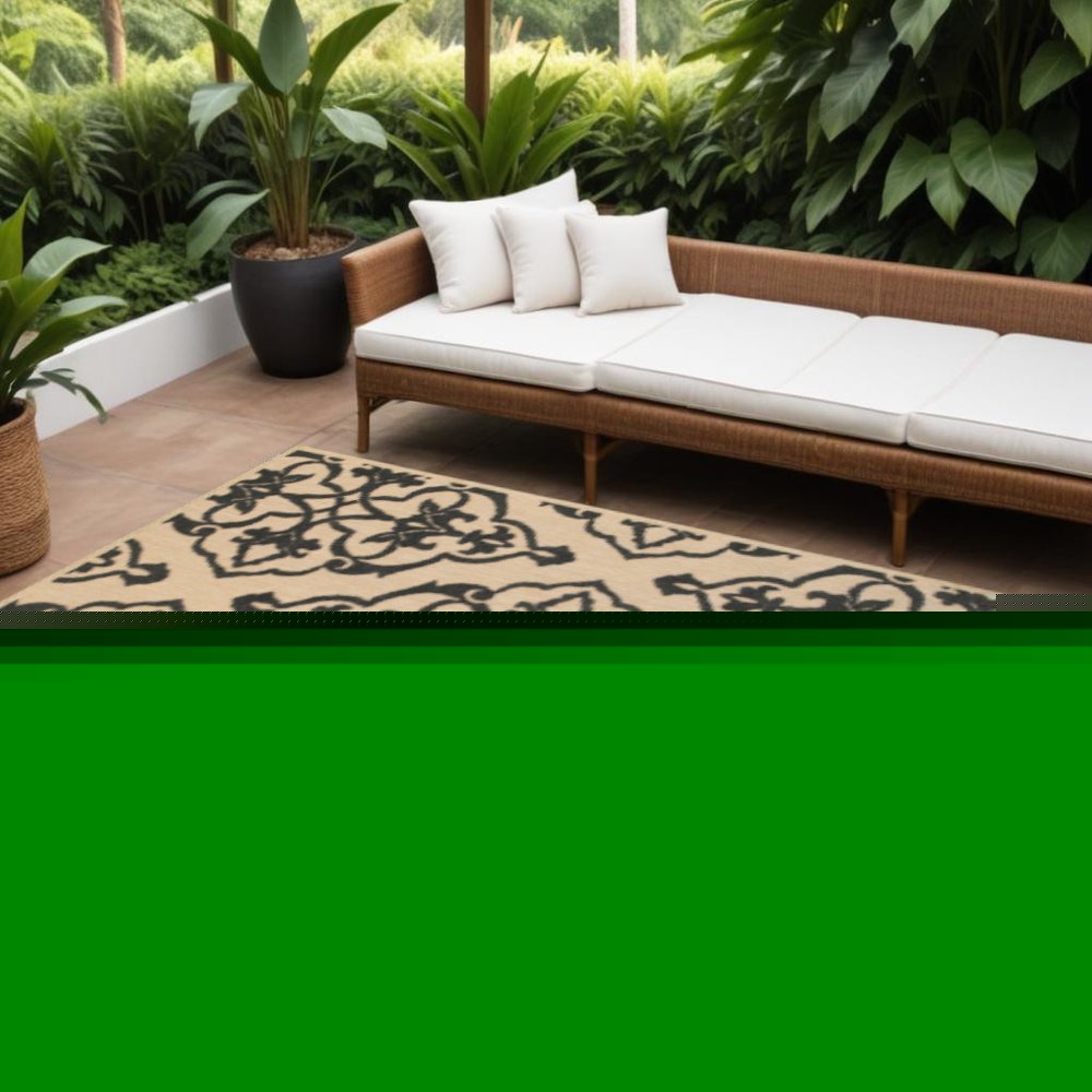 7' X 10' Beige and Black Oriental Stain Resistant Indoor Outdoor Area Rug