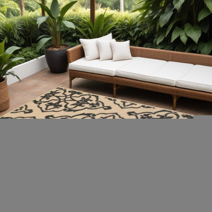 7' X 10' Beige and Black Oriental Stain Resistant Indoor Outdoor Area Rug