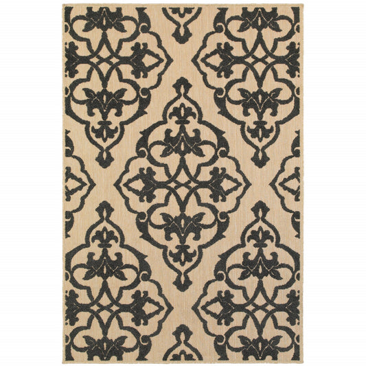 10' X 13' Beige and Black Oriental Stain Resistant Indoor Outdoor Area Rug