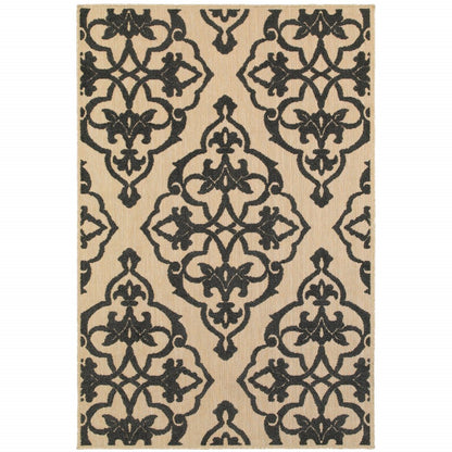 10' X 13' Beige and Black Oriental Stain Resistant Indoor Outdoor Area Rug