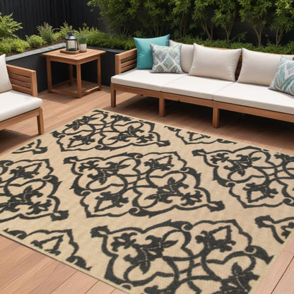 10' X 13' Beige and Black Oriental Stain Resistant Indoor Outdoor Area Rug
