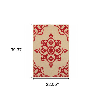 2' X 3' Red Oriental Stain Resistant Indoor Outdoor Area Rug