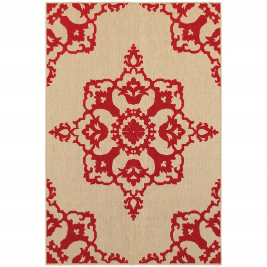 4' X 5' Red Oriental Stain Resistant Indoor Outdoor Area Rug