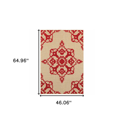 4' X 5' Red Oriental Stain Resistant Indoor Outdoor Area Rug