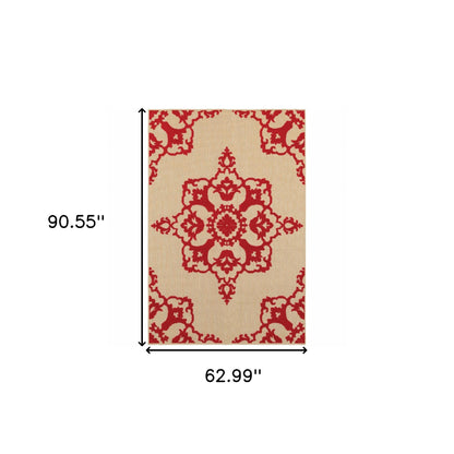 5' X 8' Red Oriental Stain Resistant Indoor Outdoor Area Rug