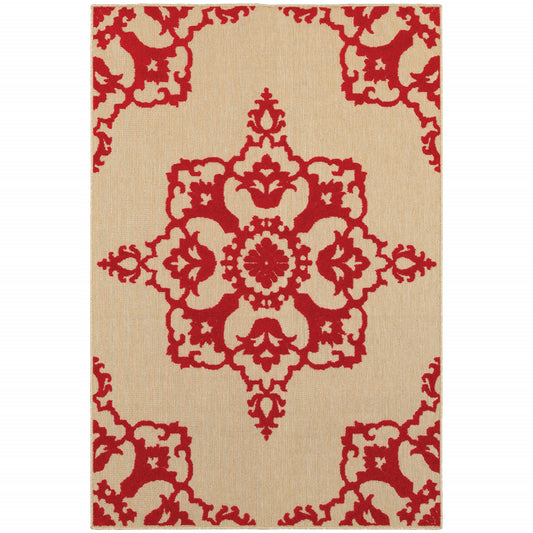 7' X 10' Red Oriental Stain Resistant Indoor Outdoor Area Rug