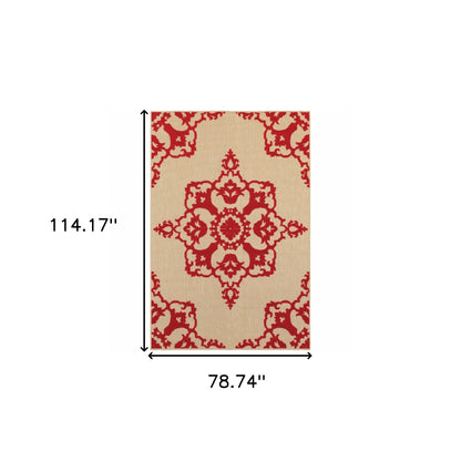 7' X 10' Red Oriental Stain Resistant Indoor Outdoor Area Rug