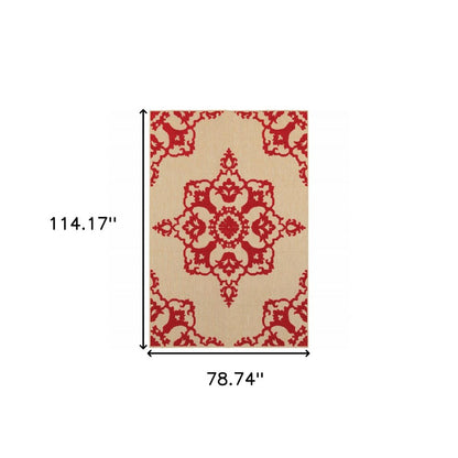 7' X 10' Red Oriental Stain Resistant Indoor Outdoor Area Rug