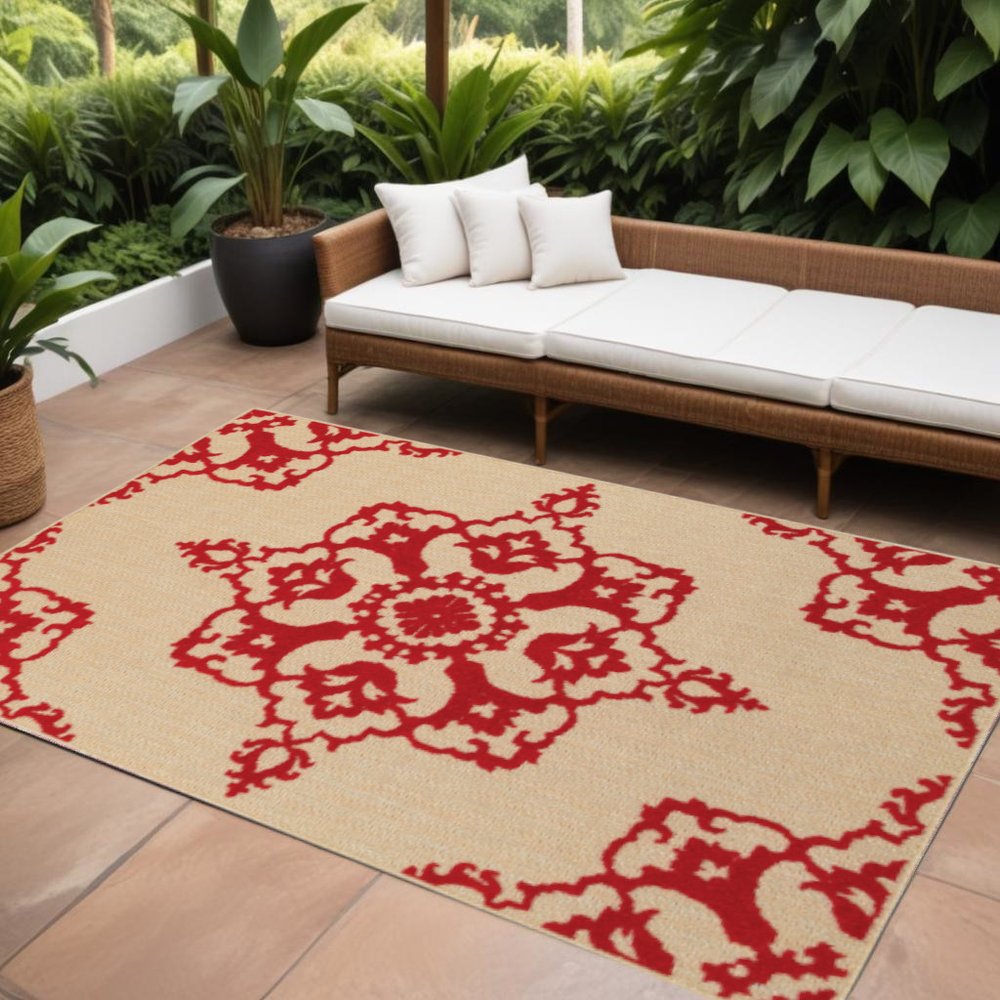 8' X 11' Red Oriental Stain Resistant Indoor Outdoor Area Rug