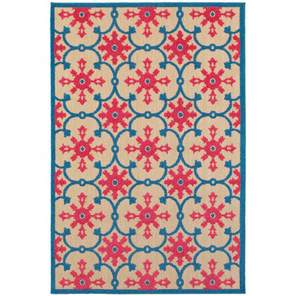 2' X 3' Blue and Beige Oriental Stain Resistant Indoor Outdoor Area Rug