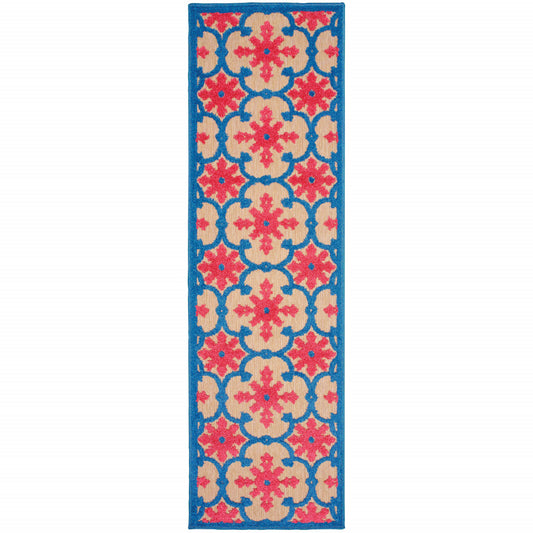 2' X 8' Blue and Beige Oriental Stain Resistant Indoor Outdoor Area Rug