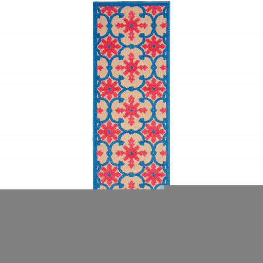 2' X 8' Blue and Beige Oriental Stain Resistant Indoor Outdoor Area Rug