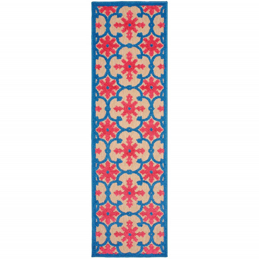 2' X 8' Blue and Beige Oriental Stain Resistant Indoor Outdoor Area Rug