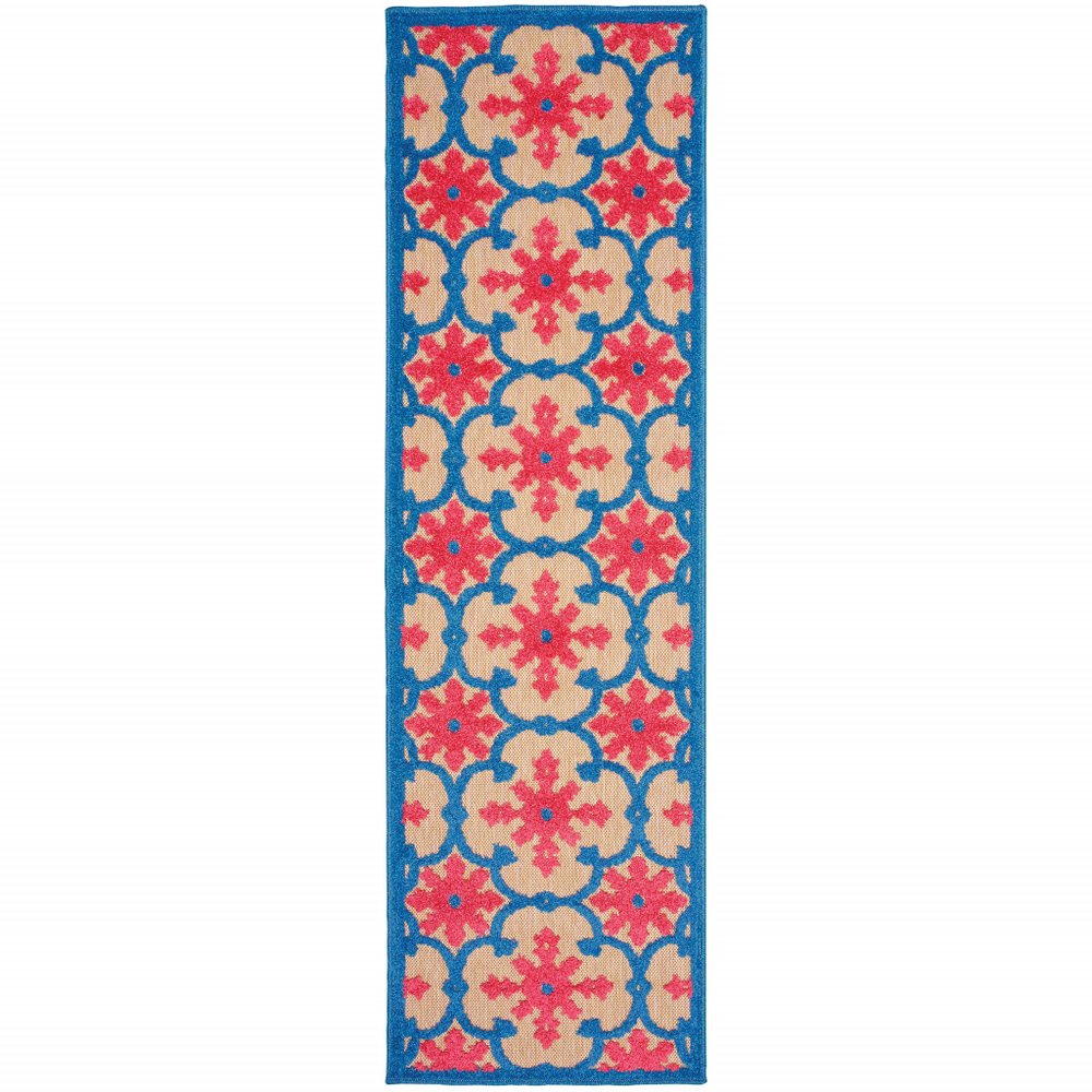 2' X 8' Blue and Beige Oriental Stain Resistant Indoor Outdoor Area Rug