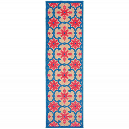 2' X 8' Blue and Beige Oriental Stain Resistant Indoor Outdoor Area Rug