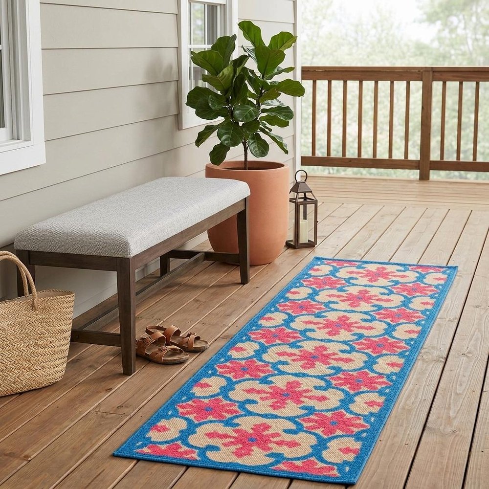 2' X 8' Blue and Beige Oriental Stain Resistant Indoor Outdoor Area Rug