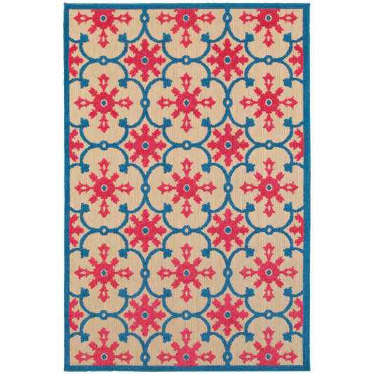 4' X 5' Blue and Beige Oriental Stain Resistant Indoor Outdoor Area Rug