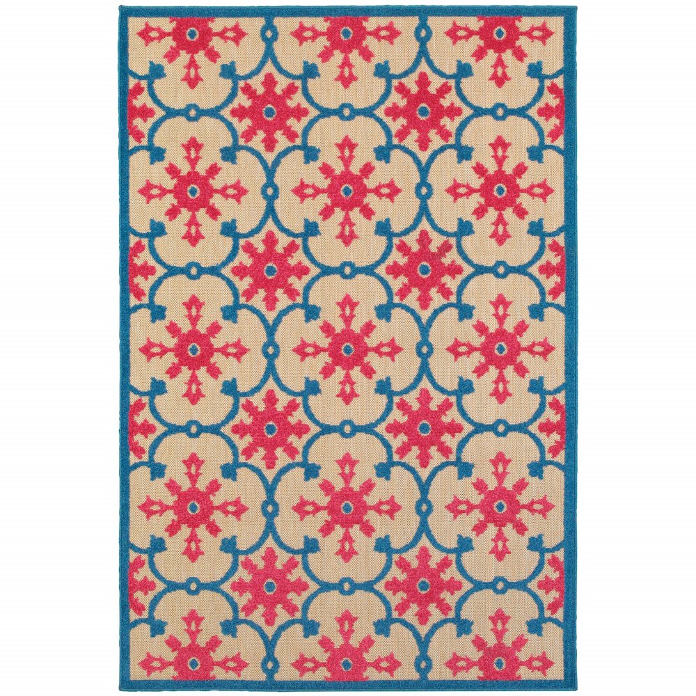 5' X 8' Blue and Beige Oriental Stain Resistant Indoor Outdoor Area Rug