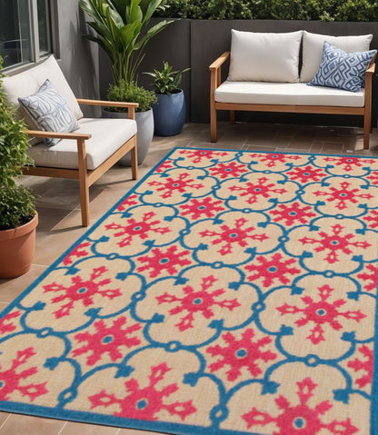 5' X 8' Blue and Beige Oriental Stain Resistant Indoor Outdoor Area Rug