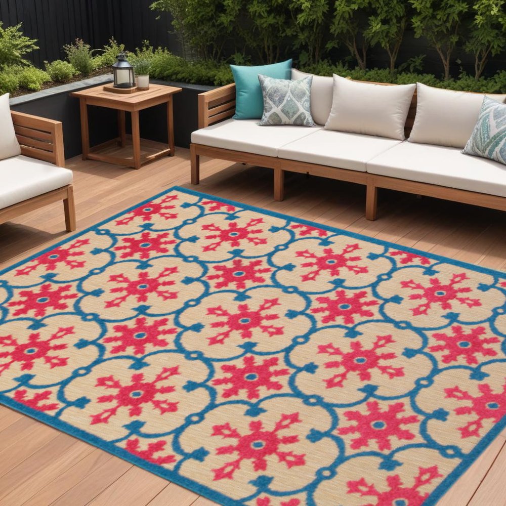 7' X 10' Blue and Beige Oriental Stain Resistant Indoor Outdoor Area Rug