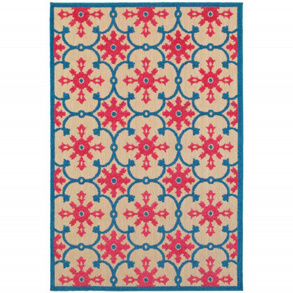 8' X 11' Blue and Beige Oriental Stain Resistant Indoor Outdoor Area Rug