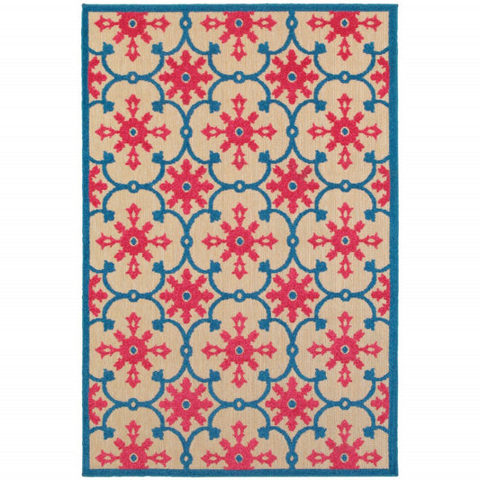 10' X 13' Blue and Beige Oriental Stain Resistant Indoor Outdoor Area Rug