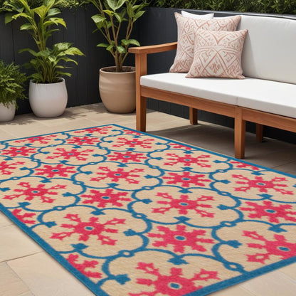 10' X 13' Blue and Beige Oriental Stain Resistant Indoor Outdoor Area Rug
