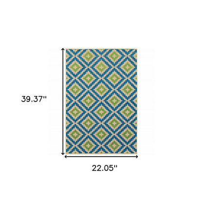 2' X 3' Blue and Beige Geometric Stain Resistant Indoor Outdoor Area Rug