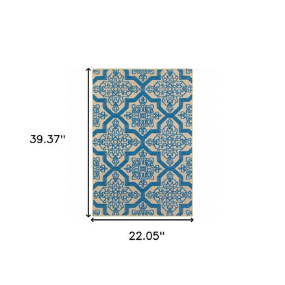 2' X 3' Blue and Beige Oriental Stain Resistant Indoor Outdoor Area Rug